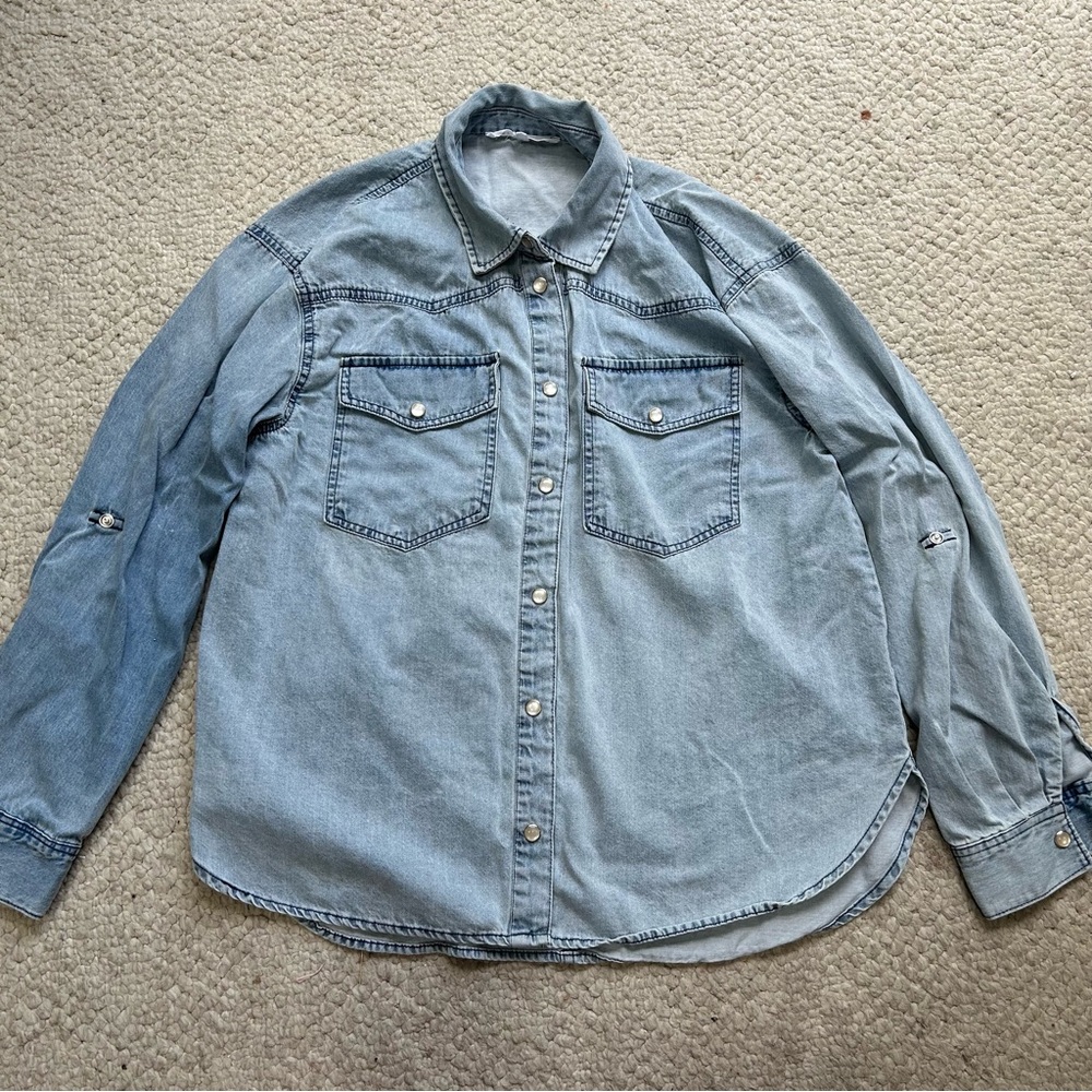 Jane & Delancey Pearl Snap Denim Shirt Women Size Small High-low Roll Up Sleeve